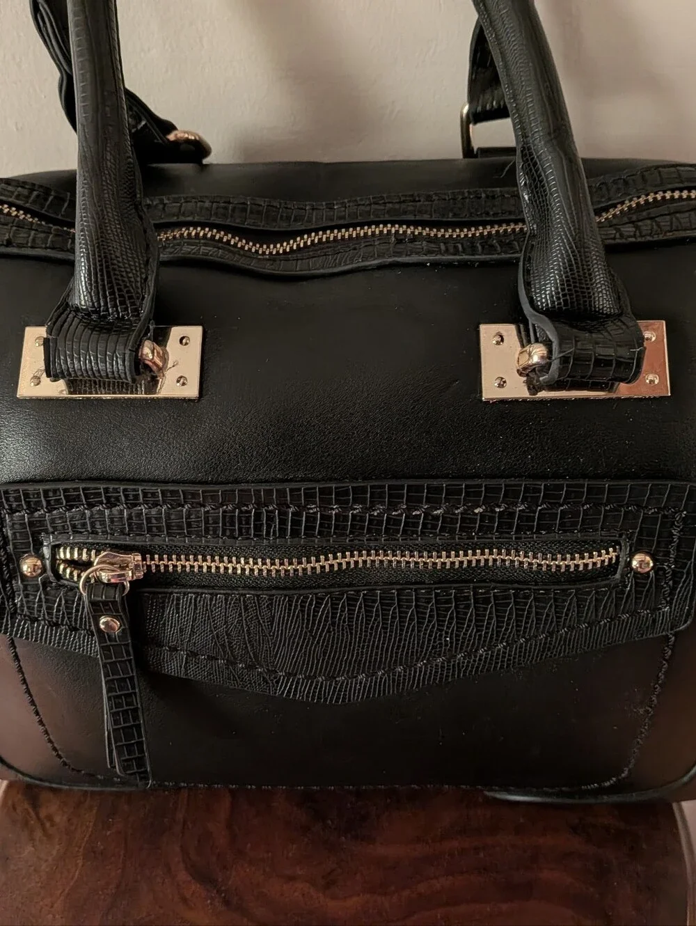 MMS Black Faux Leather Purse with White Print on the sides